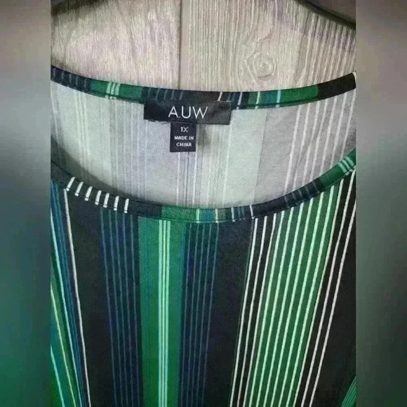 A.U.W green, teal, mint, and black striped shirt with non working gold buttons. - Picture 2 of 4